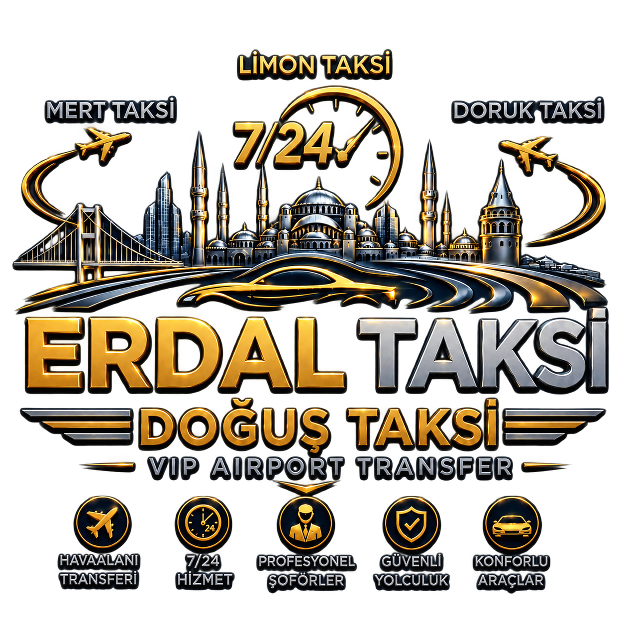 ERDAL TAKSİ, DOĞUŞ TAKSİ, MERT TAKSİ, LİMON TAKSİ ve DORUK TAKSİ 7/24 VIP Airport Transfer logosu